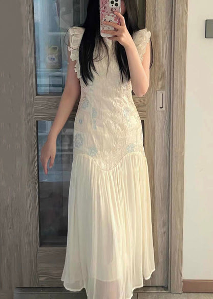 Elegant Apricot Embroidered Wrinkled Patchwork Long Dress Summer