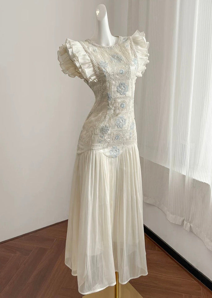 Elegant Apricot Embroidered Wrinkled Patchwork Long Dress Summer