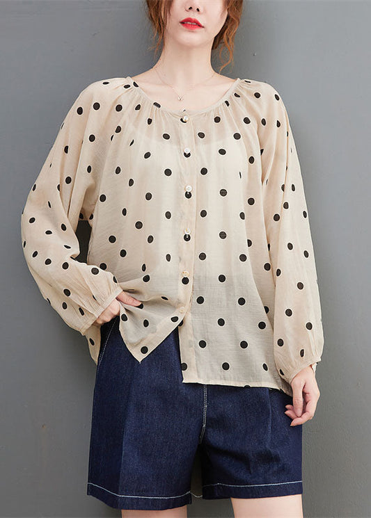 Elegante Apricot Loose Button Print Herbst Dot Langarm Tops