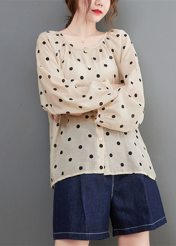 Elegant Apricot Loose Button Print Fall Dot Long sleeve Tops