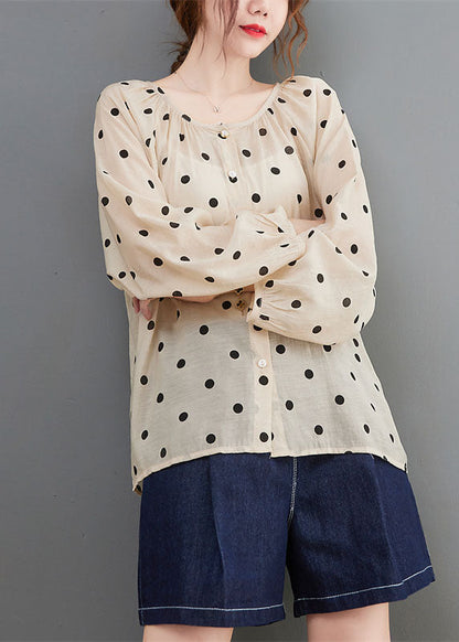 Elegant Apricot Loose Button Print Fall Dot Long sleeve Tops