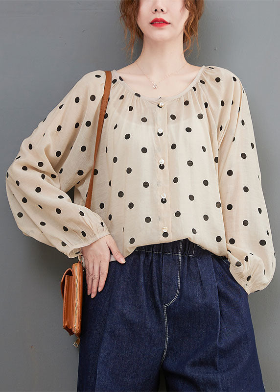 Elegant Apricot Loose Button Print Fall Dot Long sleeve Tops
