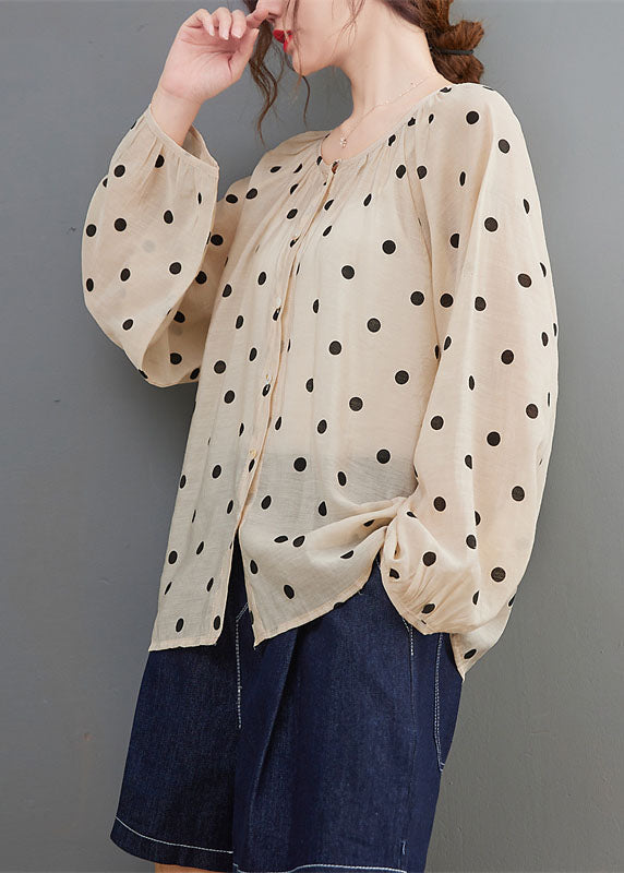 Elegant Apricot Loose Button Print Fall Dot Long sleeve Tops