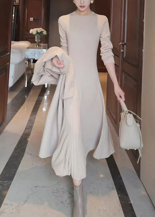 Elegant Apricot O Neck Knit Long Sweater Winter