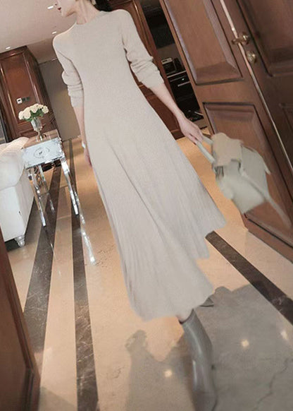 Eleganter, aprikosenfarbener Strickpullover mit Rundhalsausschnitt, lang, Winter