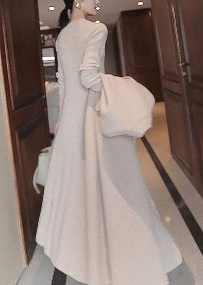 Eleganter, aprikosenfarbener Strickpullover mit Rundhalsausschnitt, lang, Winter