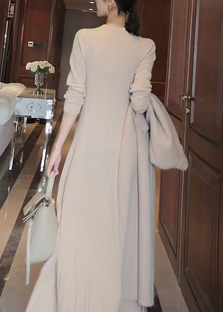 Eleganter, aprikosenfarbener Strickpullover mit Rundhalsausschnitt, lang, Winter