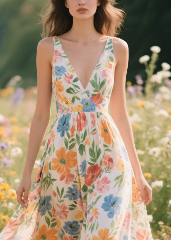 Elegant Apricot Print Draping Chiffon Dresses Summer