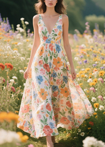 Elegant Apricot Print Draping Chiffon Dresses Summer