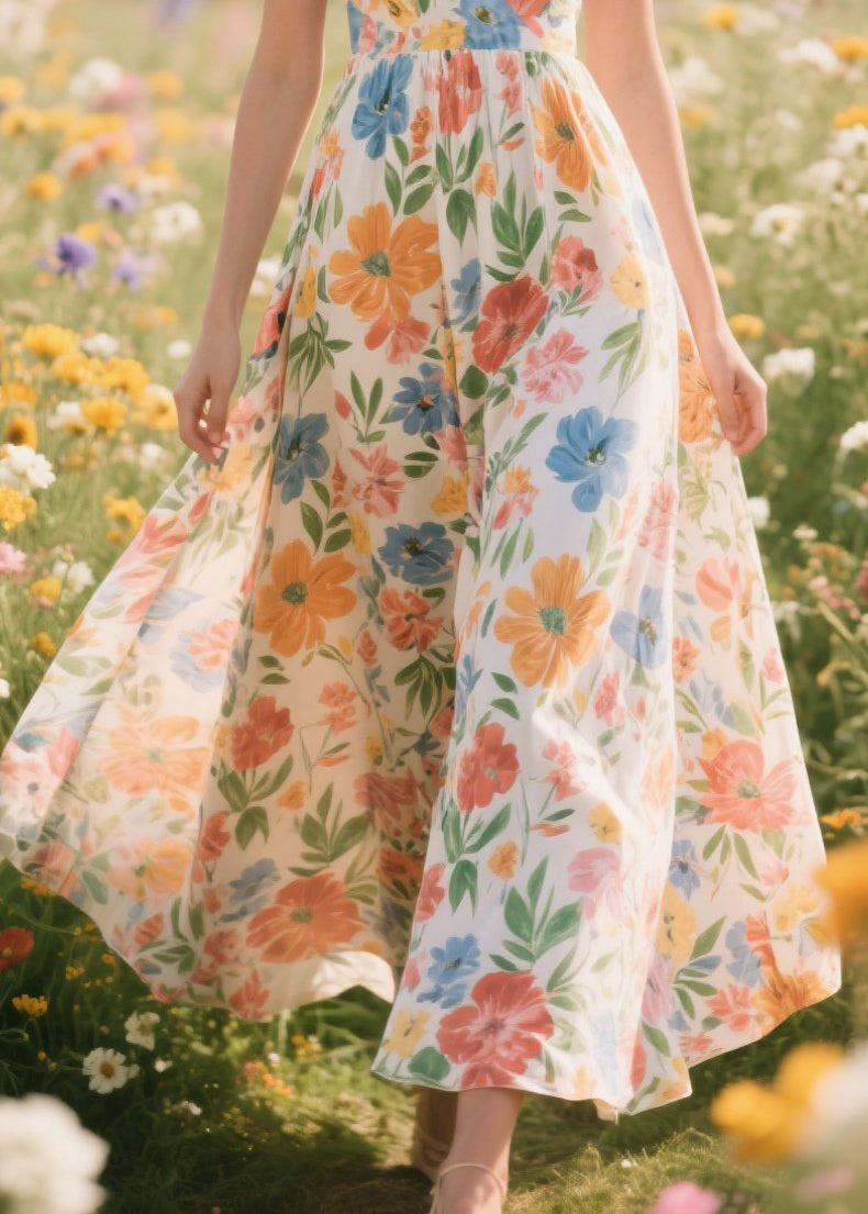 Elegant Apricot Print Draping Chiffon Dresses Summer