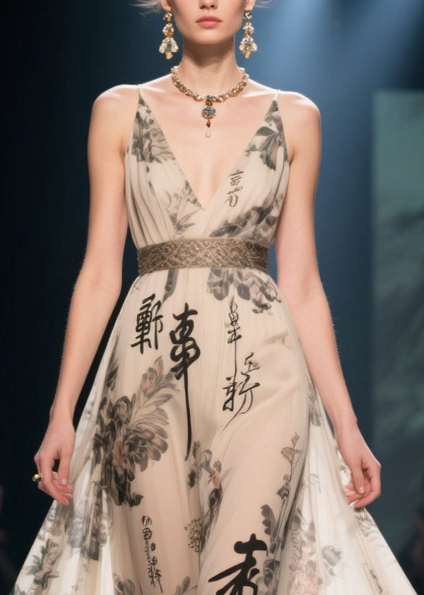 Elegant Apricot Print Exra Large Hem Chiffon Tunic Dress Summer