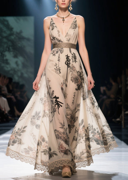 Elegant Apricot Print Exra Large Hem Chiffon Tunic Dress Summer