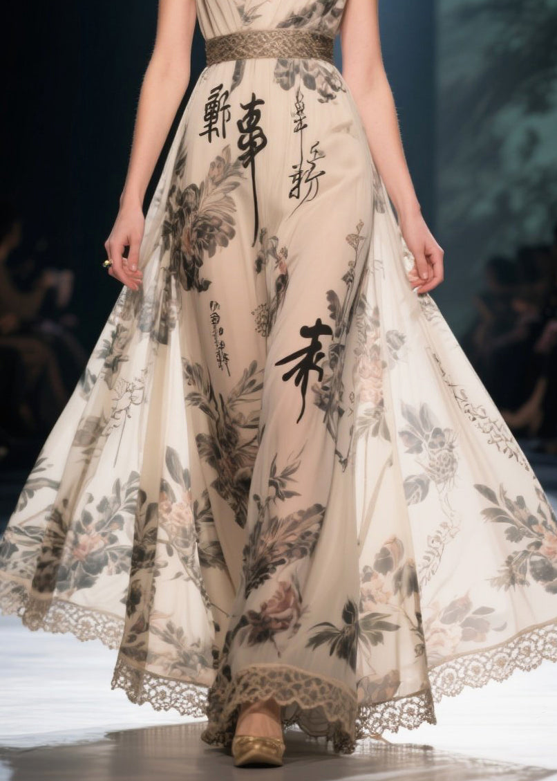 Elegant Apricot Print Exra Large Hem Chiffon Tunic Dress Summer