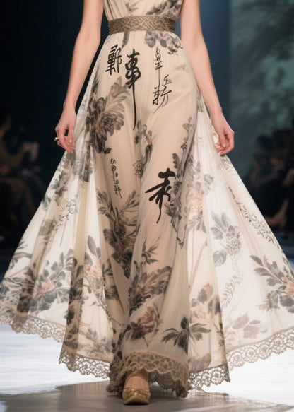 Elegant Apricot Print Exra Large Hem Chiffon Tunic Dress Summer