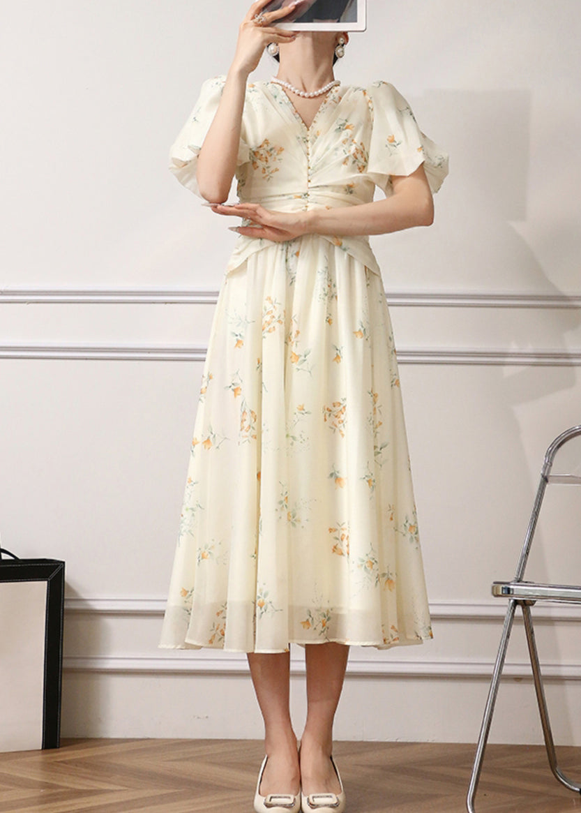 Elegantes Chiffonkleid mit Aprikosen-Print und hoher Taille für den Sommer