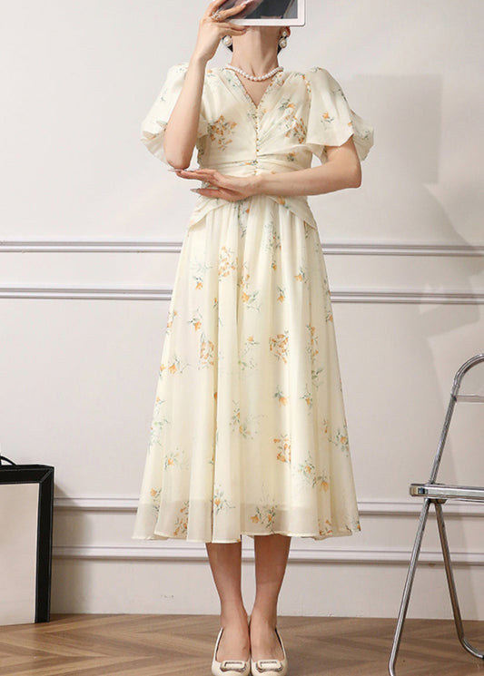 Elegantes Chiffonkleid mit Aprikosen-Print und hoher Taille für den Sommer