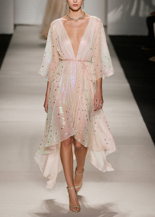 Elegant Apricot Sequins Low High Design Tulle Tunic Dress Summer