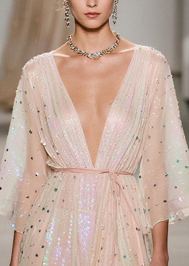 Elegant Apricot Sequins Low High Design Tulle Tunic Dress Summer