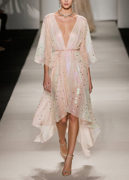 Elegant Apricot Sequins Low High Design Tulle Tunic Dress Summer