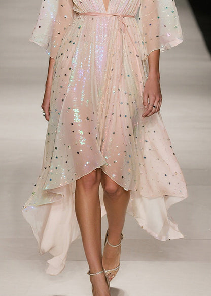 Elegant Apricot Sequins Low High Design Tulle Tunic Dress Summer