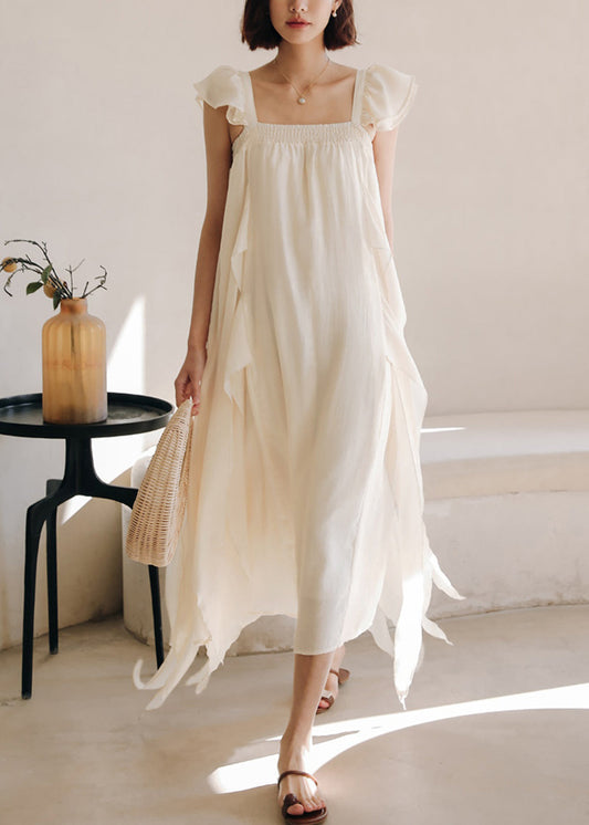 Elegante Apricot Square Kragen Solide Seide Kleider Sommer