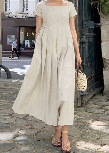 Elegantes Apricot Square Collar Wrinkled Cotton Long Dress Sommer