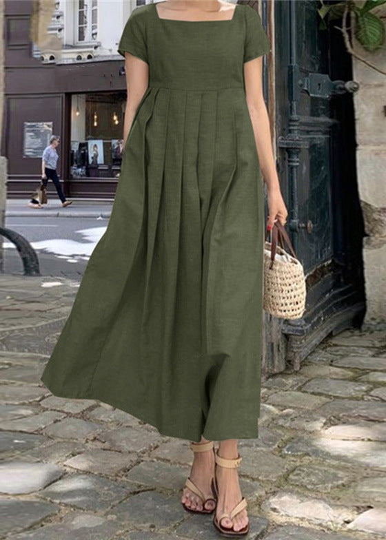 Elegantes Apricot Square Collar Wrinkled Cotton Long Dress Sommer