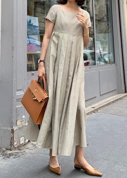 Elegantes Apricot Square Collar Wrinkled Cotton Long Dress Sommer