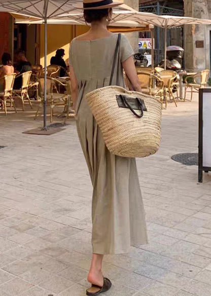 Elegantes Apricot Square Collar Wrinkled Cotton Long Dress Sommer