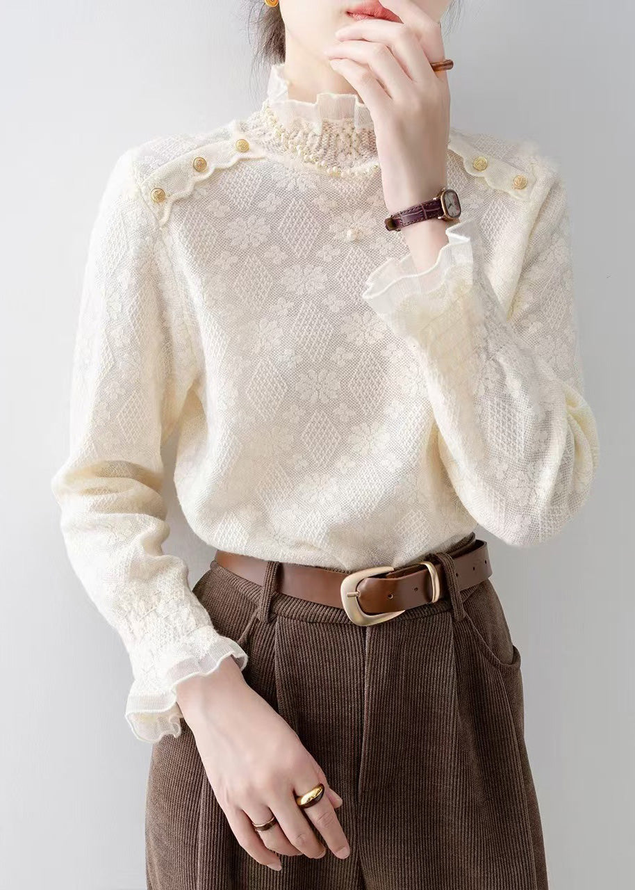 Elegant Apricot Stand Collar Jacquard Lace Shirt Top Spring