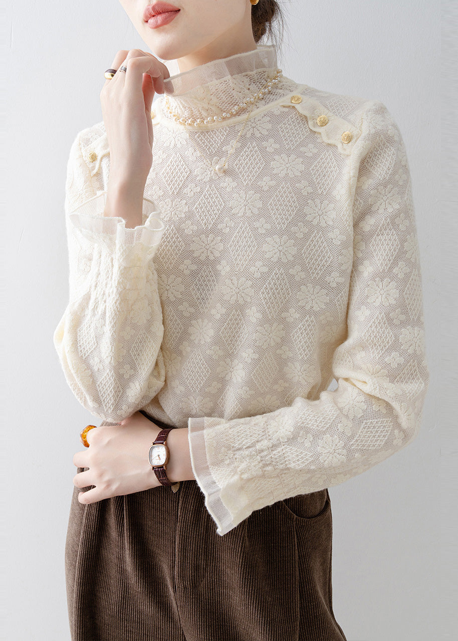 Elegant Apricot Stand Collar Jacquard Lace Shirt Top Spring