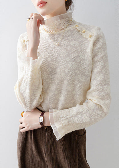 Elegant Apricot Stand Collar Jacquard Lace Shirt Top Spring