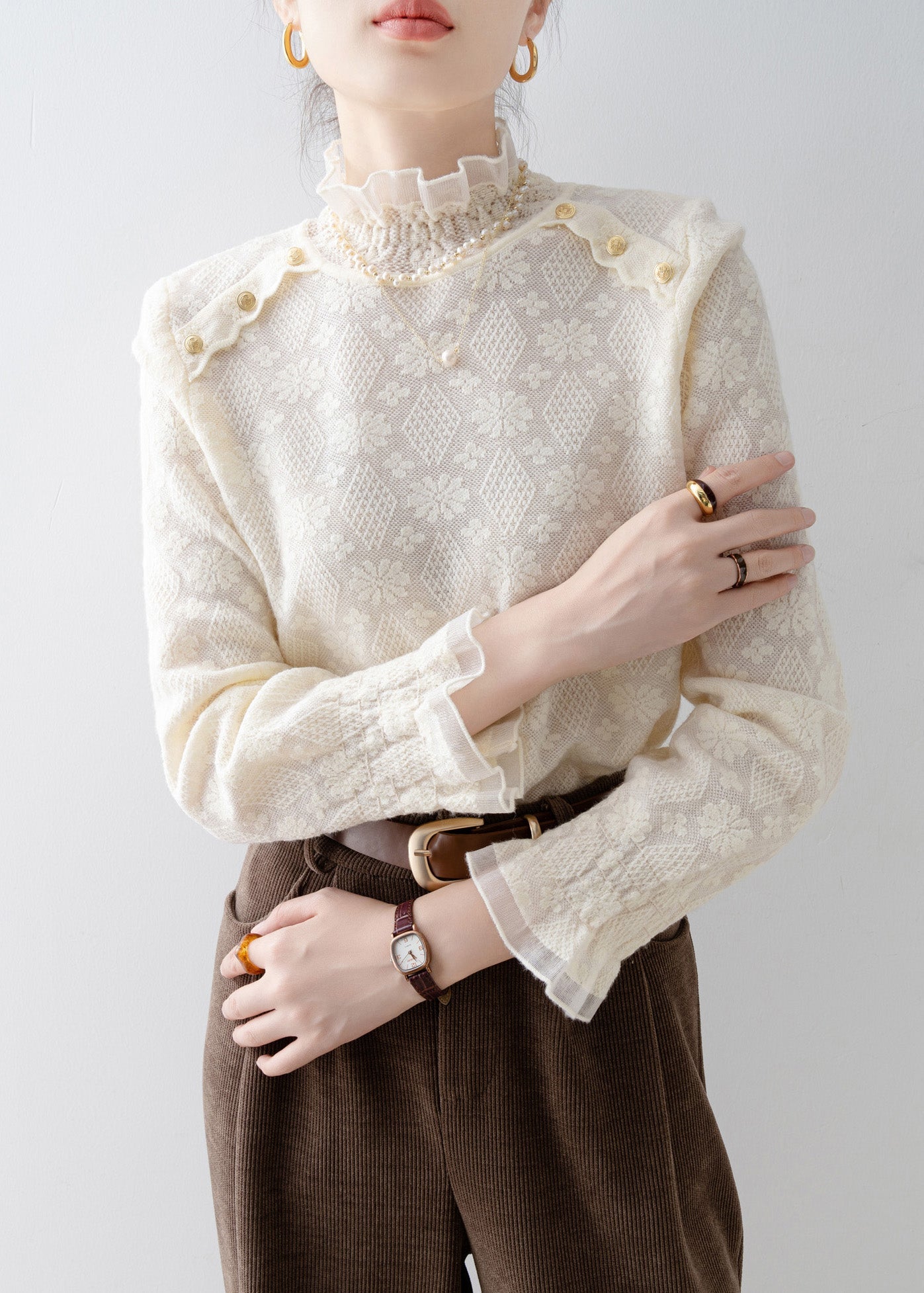 Elegant Apricot Stand Collar Jacquard Lace Shirt Top Spring