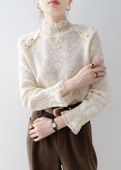 Elegant Apricot Stand Collar Jacquard Lace Shirt Top Spring