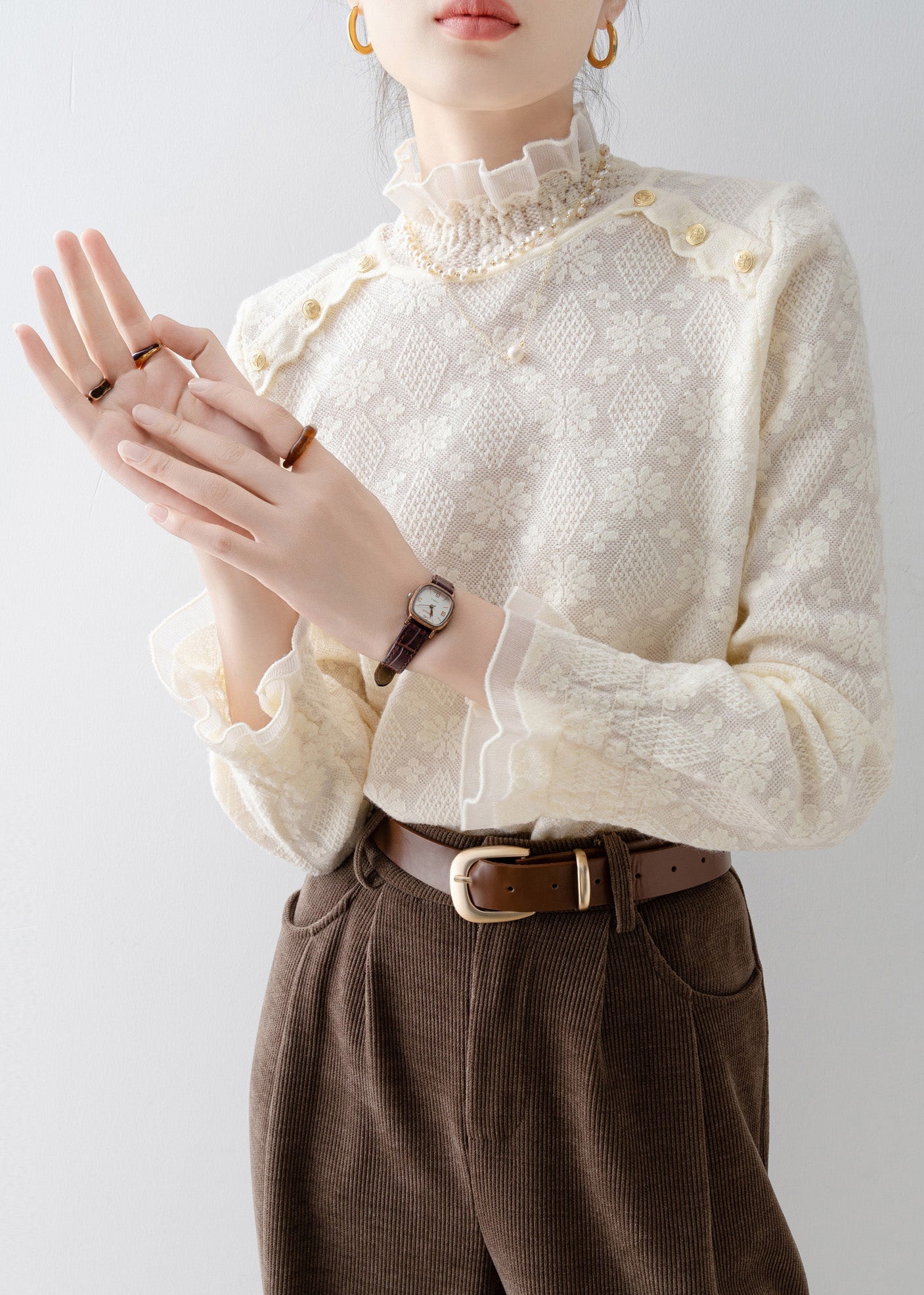 Elegant Apricot Stand Collar Jacquard Lace Shirt Top Spring