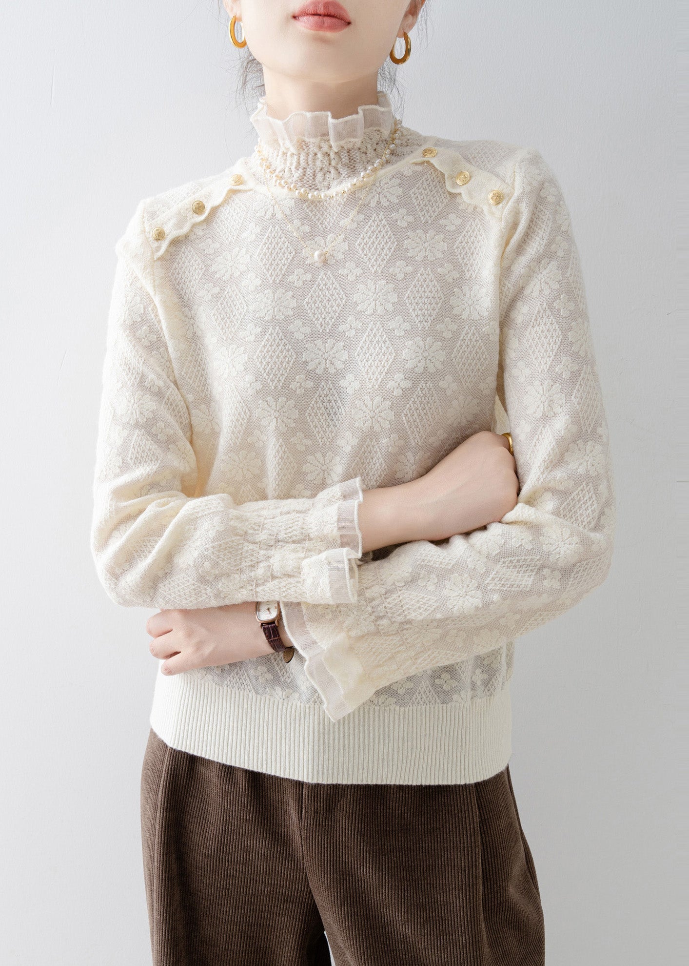 Elegant Apricot Stand Collar Jacquard Lace Shirt Top Spring