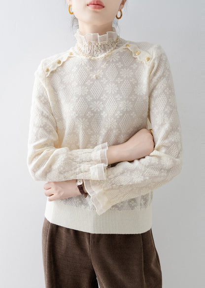 Elegant Apricot Stand Collar Jacquard Lace Shirt Top Spring