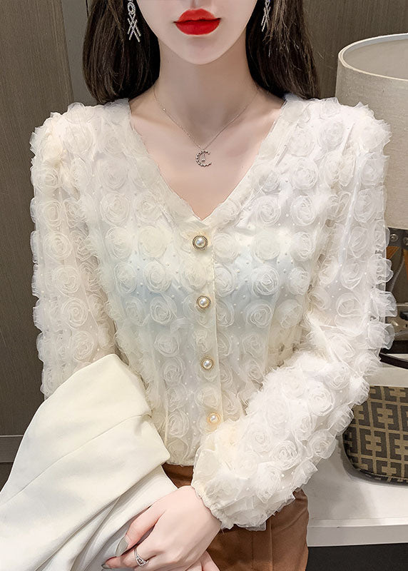 Elegant Apricot V Neck Floral Patchwork Tops Long sleeve