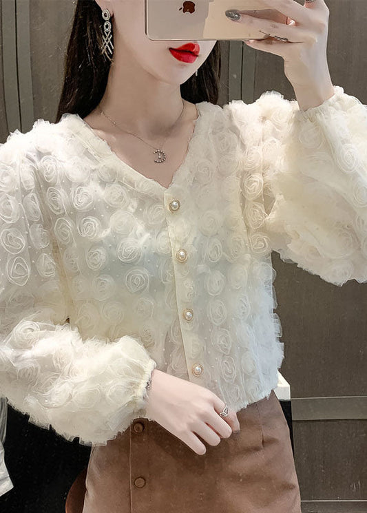 Elegant Apricot V Neck Floral Patchwork Tops Long sleeve