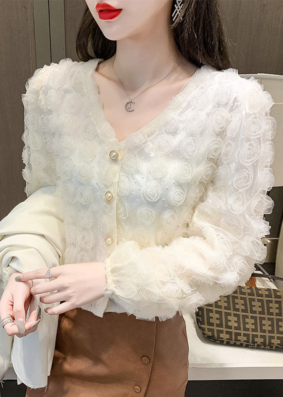 Elegant Apricot V Neck Floral Patchwork Tops Long sleeve