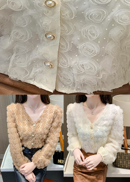 Elegant Apricot V Neck Floral Patchwork Tops Long sleeve