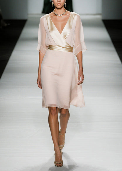 Elegant Apricot V Neck Patchwork Chiffon Work Dress Summer