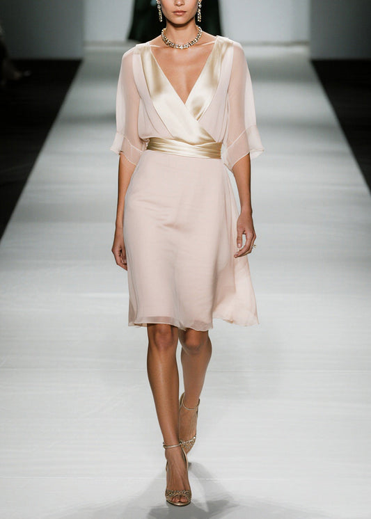 Elegant Apricot V Neck Patchwork Chiffon Work Dress Summer