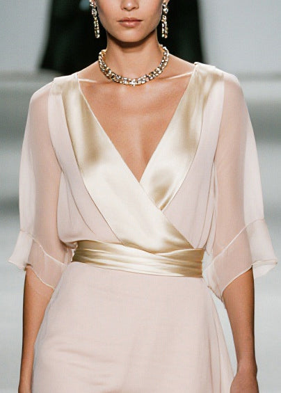 Elegant Apricot V Neck Patchwork Chiffon Work Dress Summer