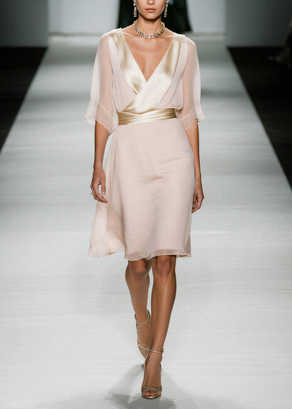 Elegant Apricot V Neck Patchwork Chiffon Work Dress Summer