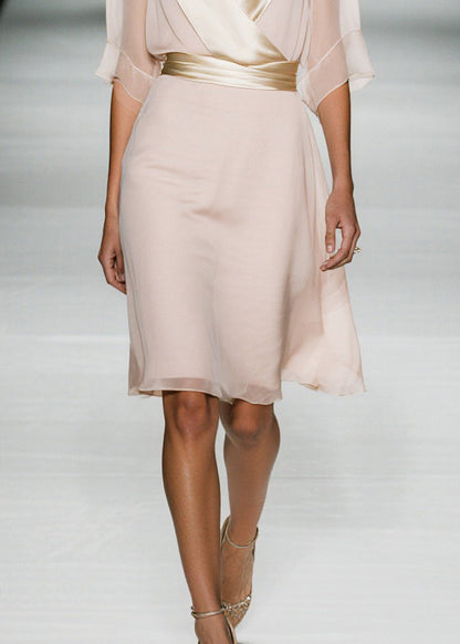 Elegant Apricot V Neck Patchwork Chiffon Work Dress Summer