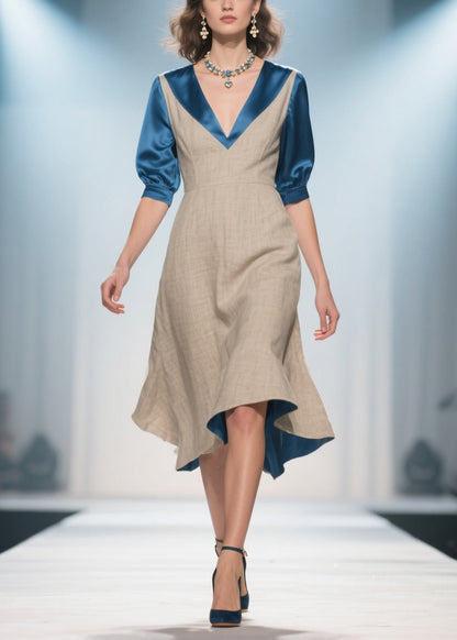 Elegant Apricot V Neck Patchwork Linen Silk Fake Two Piece Dress Summer