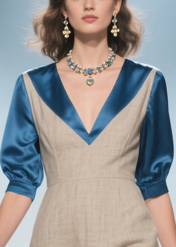 Elegant Apricot V Neck Patchwork Linen Silk Fake Two Piece Dress Summer