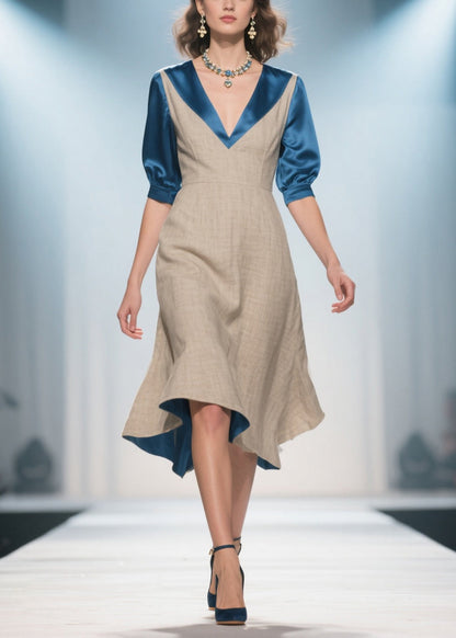 Elegant Apricot V Neck Patchwork Linen Silk Fake Two Piece Dress Summer