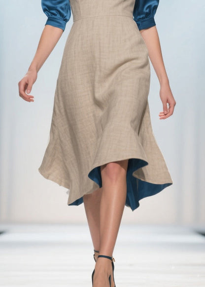 Elegant Apricot V Neck Patchwork Linen Silk Fake Two Piece Dress Summer